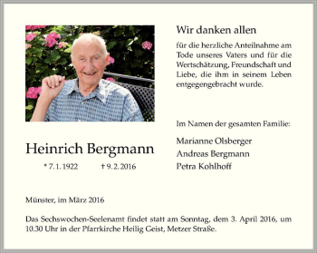 Anzeige von Heinrich Bergmann von Westfälische Nachrichten