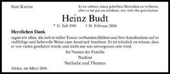 Anzeige von Heinz Budt von Westfälische Nachrichten