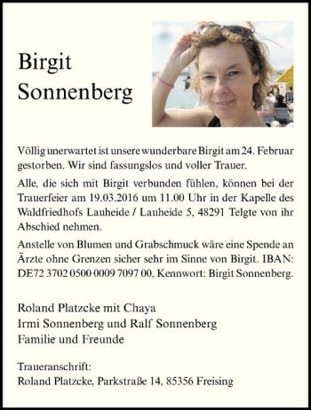 Anzeige von Birgit Sonnenberg von Westfälische Nachrichten