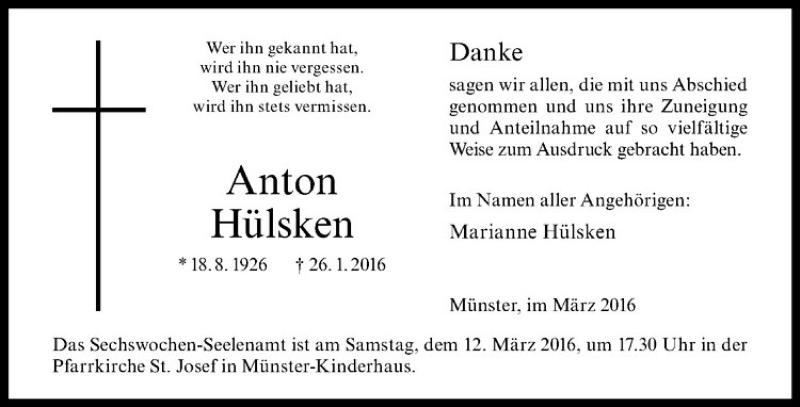  Traueranzeige für   vom 04.03.2016 aus Westfälische Nachrichten