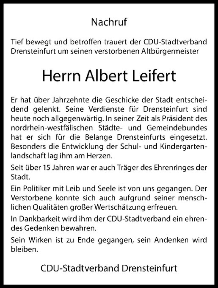  Traueranzeige für Albert Leifert vom 01.03.2016 aus Westfälische Nachrichten