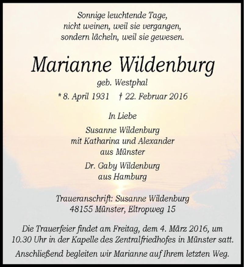  Traueranzeige für Marianne Wildenburg vom 02.03.2016 aus Westfälische Nachrichten