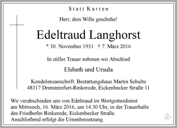 Anzeige von Edeltraud Langhorst von Westfälische Nachrichten