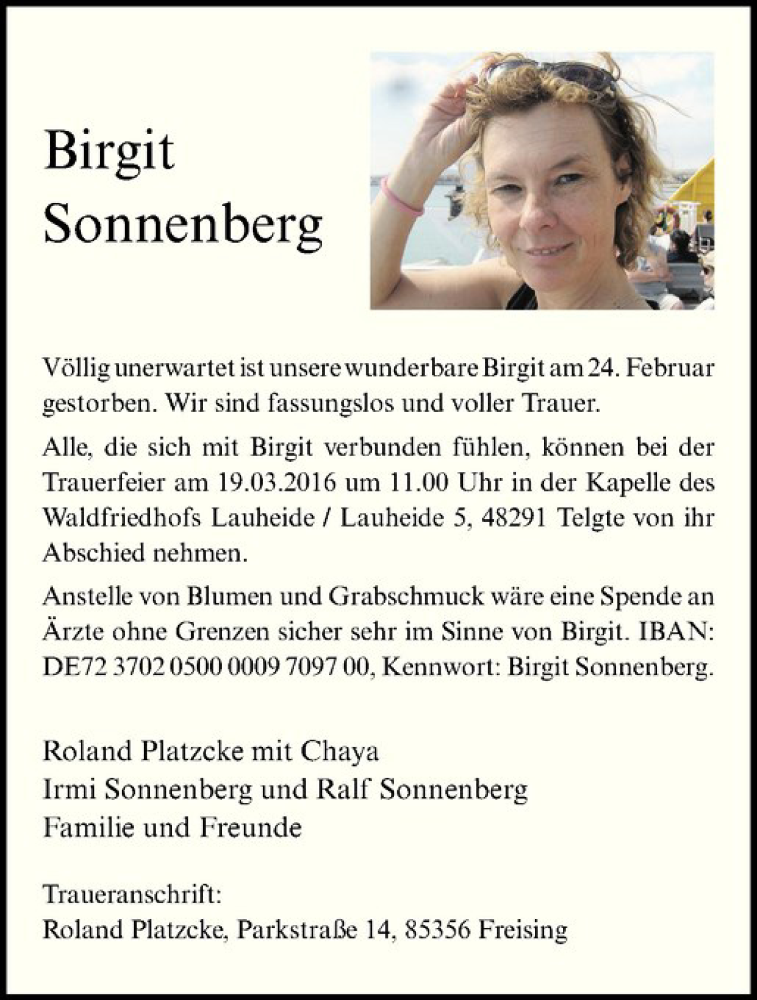  Traueranzeige für Birgit Sonnenberg vom 12.03.2016 aus Westfälische Nachrichten