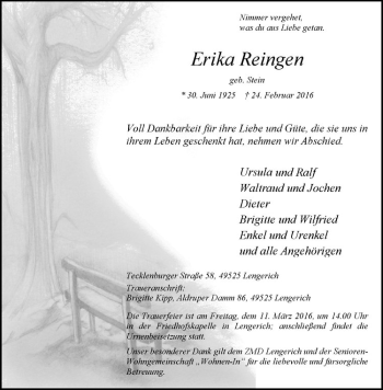 Anzeige von Erika Reingen von Westfälische Nachrichten