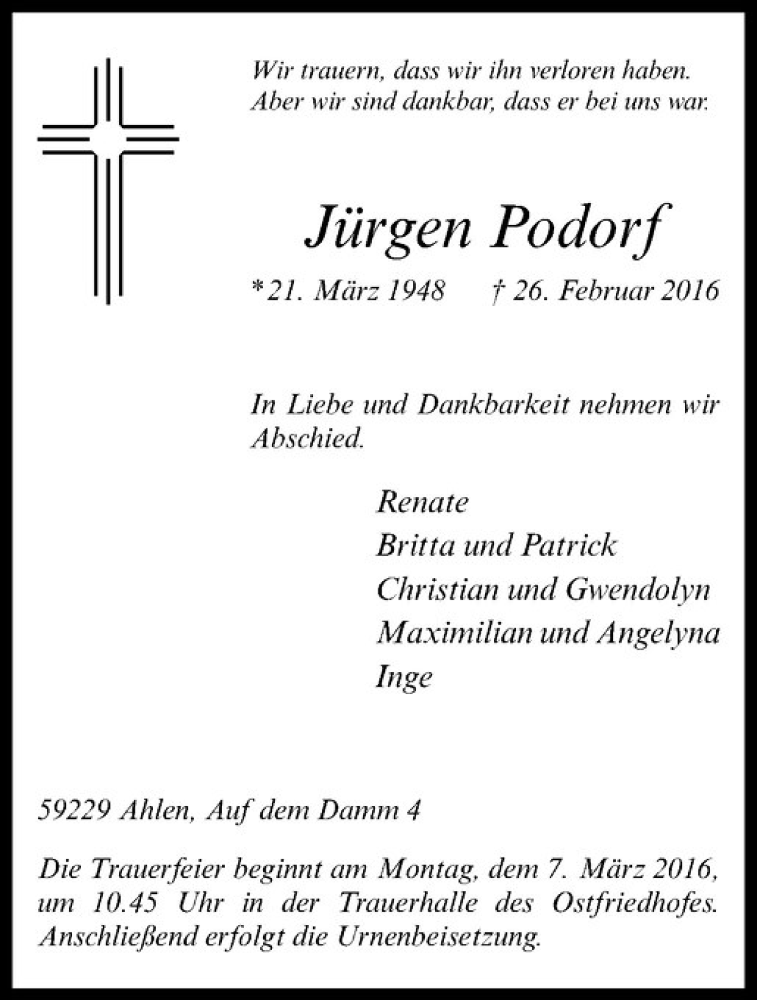  Traueranzeige für Jürgen Podorf vom 03.03.2016 aus Westfälische Nachrichten