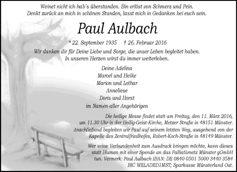  Traueranzeige für Paul Aulbach vom 09.03.2016 aus Westfälische Nachrichten