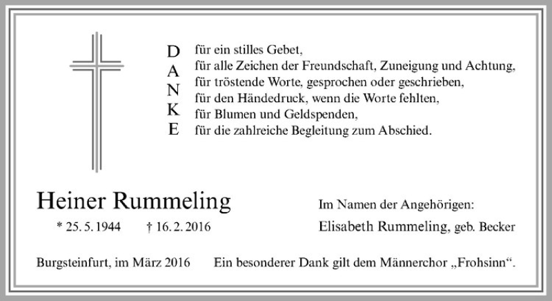  Traueranzeige für Heiner Rummeling vom 24.03.2016 aus Westfälische Nachrichten