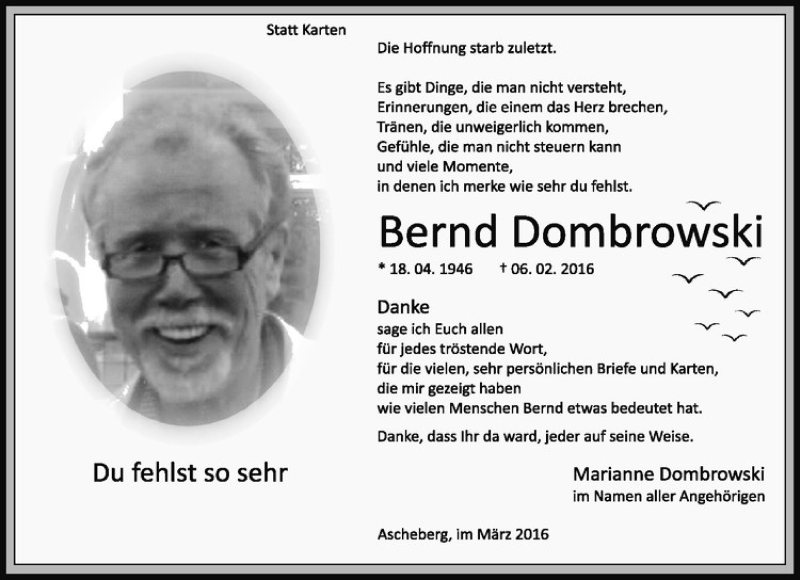  Traueranzeige für Bernd Dombrowski vom 19.03.2016 aus Westfälische Nachrichten