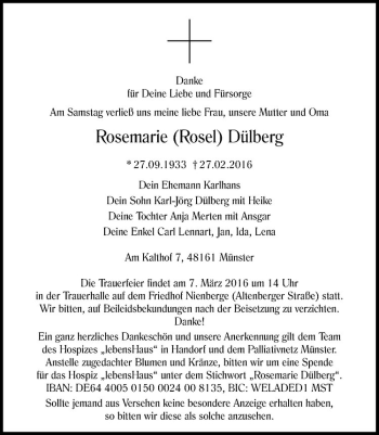 Anzeige von Rosemarie Dülberg von Westfälische Nachrichten
