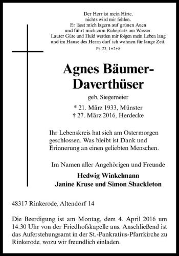 Anzeige von Agnes Bäumer-Daverthüser von Westfälische Nachrichten