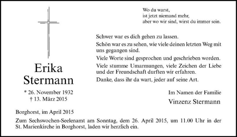  Traueranzeige für Erika Stermann vom 18.04.2015 aus Westfälische Nachrichten