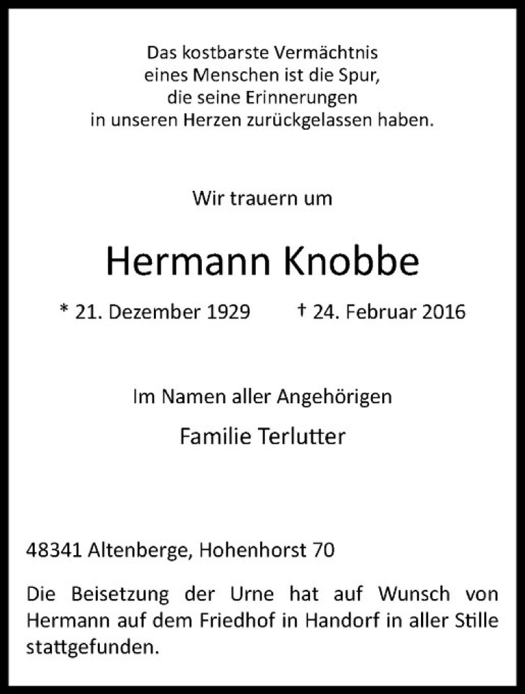  Traueranzeige für Hermann Knobbe vom 19.03.2016 aus Westfälische Nachrichten