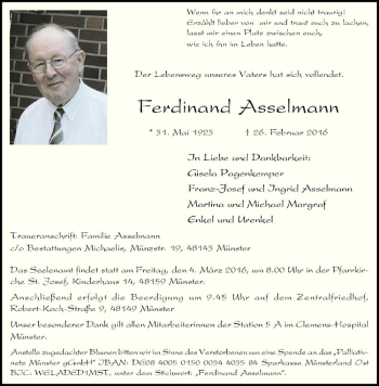Anzeige von Ferdinand Asselmann von Westfälische Nachrichten