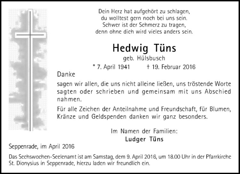  Traueranzeige für Hedwig Tüns vom 25.03.2016 aus Westfälische Nachrichten