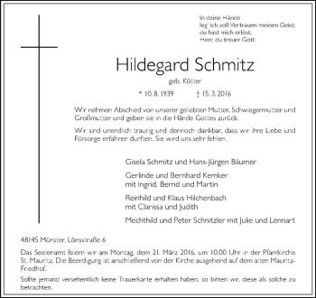 Anzeige von Hildegard Schmitz von Westfälische Nachrichten