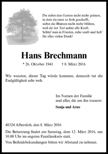Anzeige von Hans Brechmann von Westfälische Nachrichten
