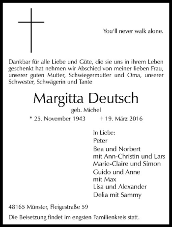 Anzeige von Margitta Deutsch von Westfälische Nachrichten
