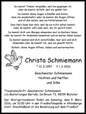 Anzeige von Christa Schmiemann von Westfälische Nachrichten