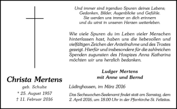 Anzeige von Christa Mertens von Westfälische Nachrichten