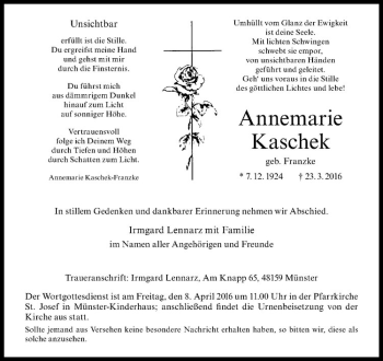 Anzeige von Annemarie Kascheck von Westfälische Nachrichten