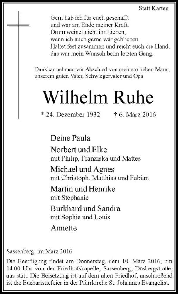  Traueranzeige für Wilhelm Ruhe vom 08.03.2016 aus Westfälische Nachrichten