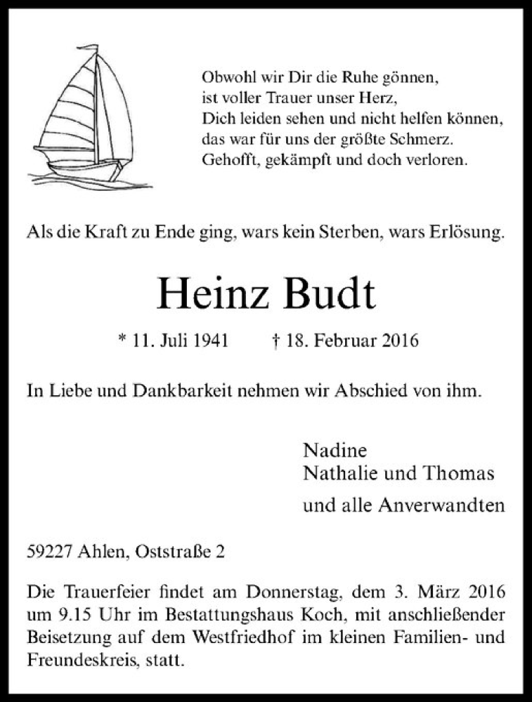  Traueranzeige für Heinz Budt vom 01.03.2016 aus Westfälische Nachrichten