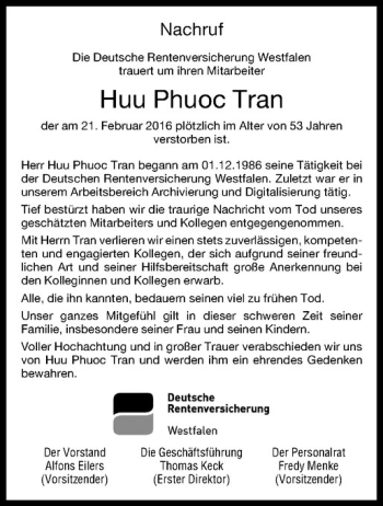 Anzeige von Huu Phuoc Tran von Westfälische Nachrichten