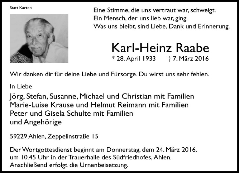  Traueranzeige für Karl-Heinz Raabe vom 19.03.2016 aus Westfälische Nachrichten