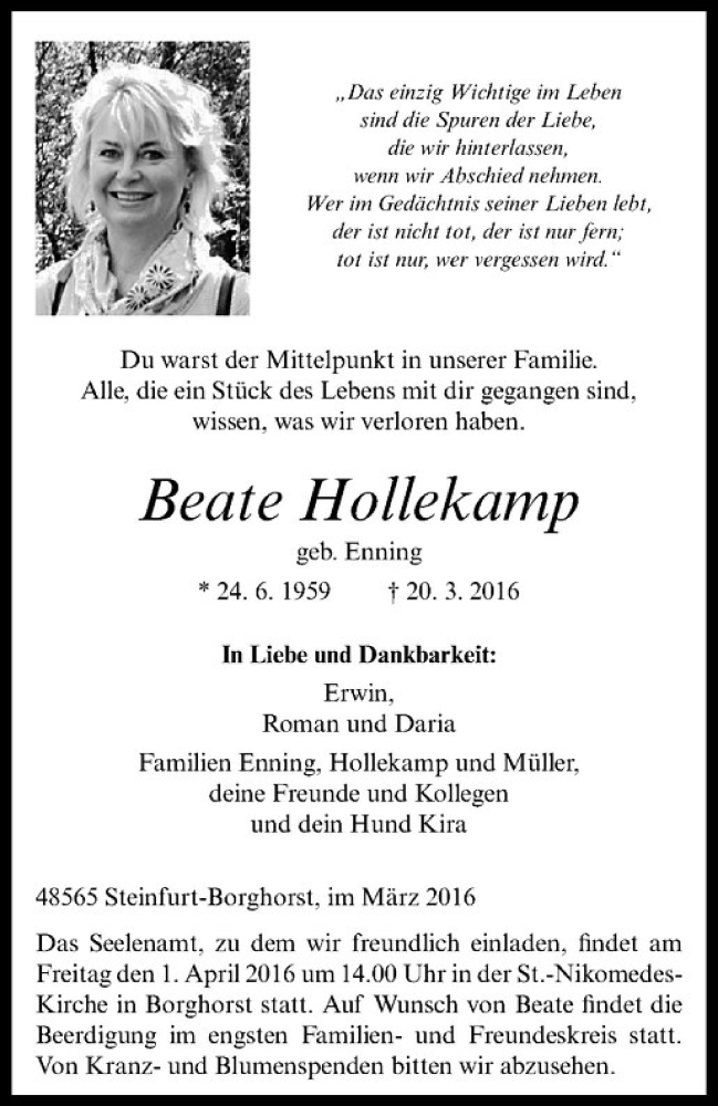  Traueranzeige für Beate Hollekamp vom 24.03.2016 aus Westfälische Nachrichten