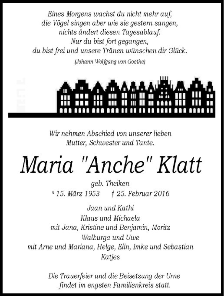  Traueranzeige für Maria Klatt vom 05.03.2016 aus Westfälische Nachrichten