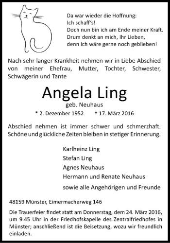 Anzeige von Angela Ling von Westfälische Nachrichten