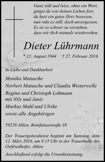 Anzeige von Dieter Lührmann von Westfälische Nachrichten