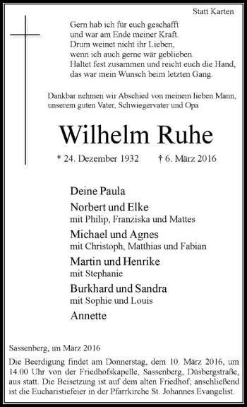 Anzeige von Wilhelm Ruhe von Westfälische Nachrichten