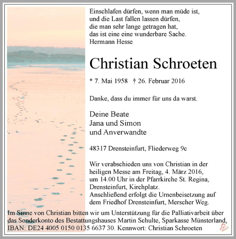  Traueranzeige für Christian Schroeten vom 01.03.2016 aus Westfälische Nachrichten