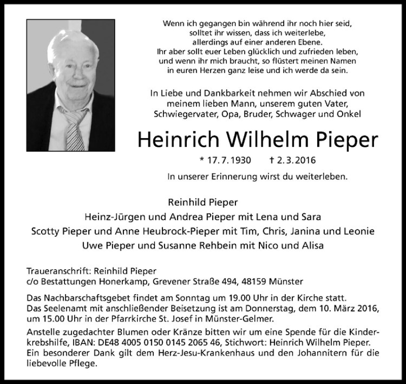  Traueranzeige für Heinrich Wilhelm Pieper vom 05.03.2016 aus Westfälische Nachrichten
