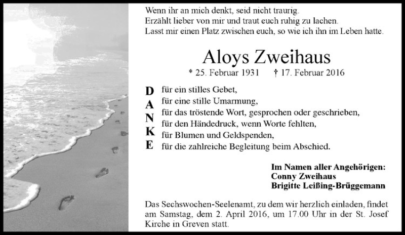  Traueranzeige für Aloys Zweihaus vom 25.03.2016 aus Westfälische Nachrichten