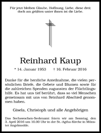Anzeige von Reinhard Kaup von Westfälische Nachrichten