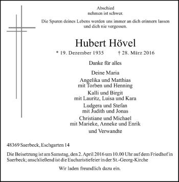 Anzeige von Hubert Hövel von Westfälische Nachrichten