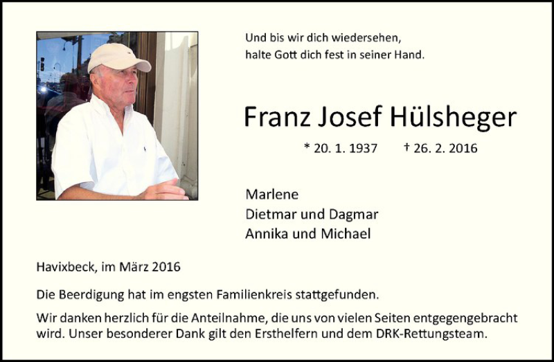  Traueranzeige für Franz Josef Hülsheger vom 12.03.2016 aus Westfälische Nachrichten