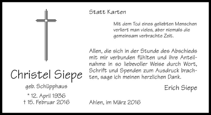  Traueranzeige für Christel Siepe vom 02.03.2016 aus Westfälische Nachrichten