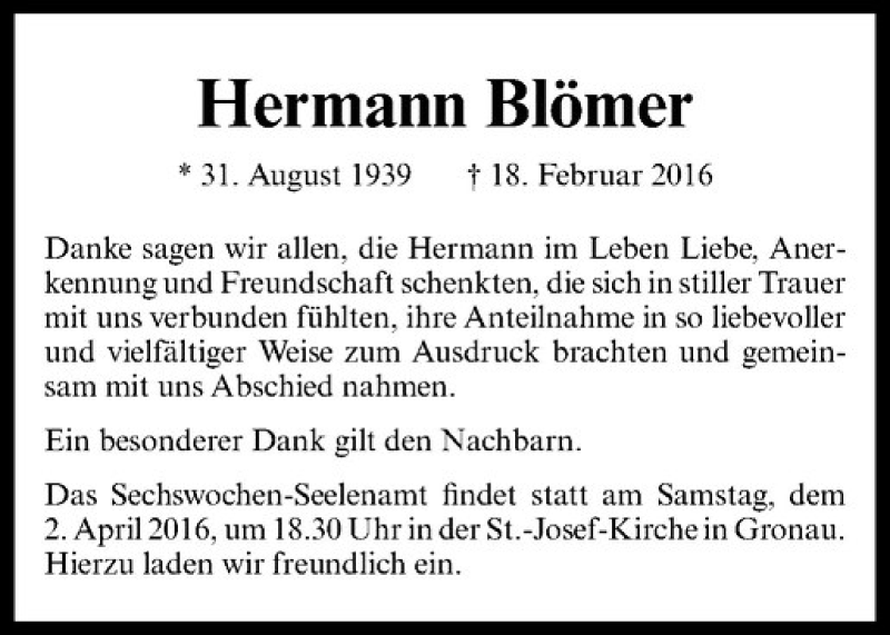  Traueranzeige für Hermann Blömer vom 30.03.2016 aus Westfälische Nachrichten