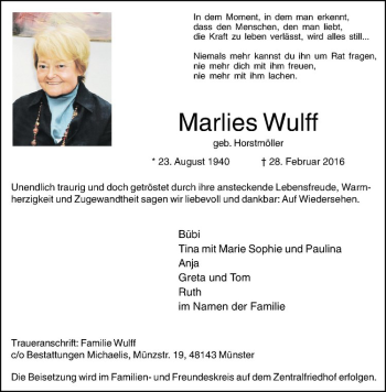 Anzeige von Marlies Wulff von Westfälische Nachrichten