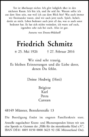 Anzeige von Friedrich Schmitz von Westfälische Nachrichten