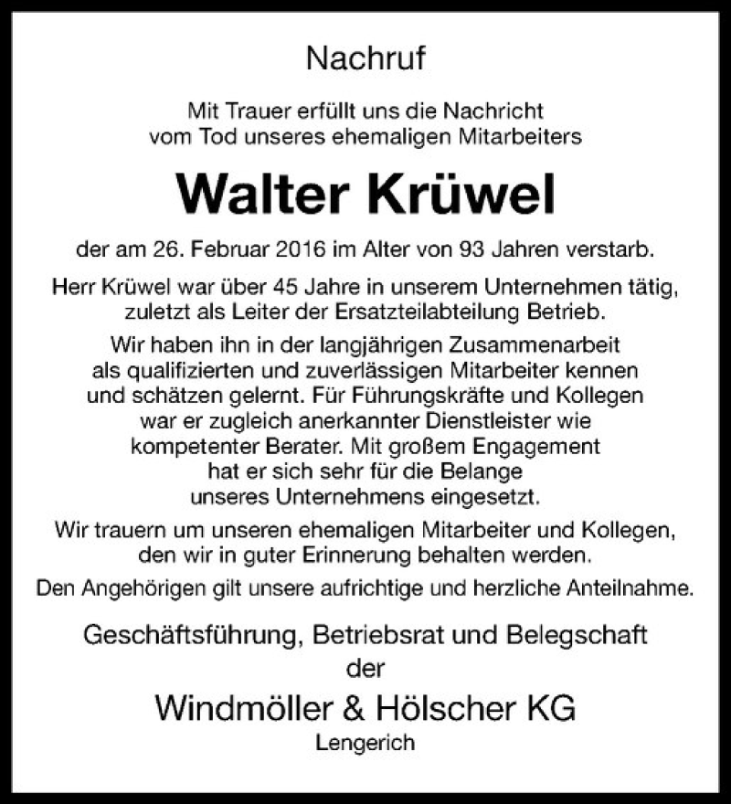  Traueranzeige für Walter Krüwel vom 04.03.2016 aus Westfälische Nachrichten