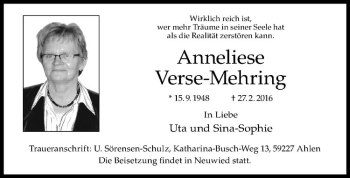 Anzeige von Anneliese Verse-Mehring von Westfälische Nachrichten