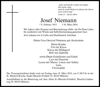 Anzeige von Josef Niemann von Westfälische Nachrichten