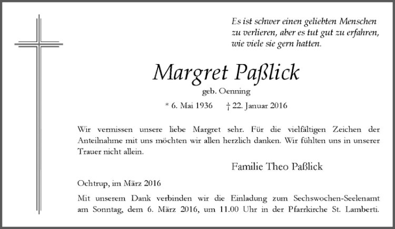  Traueranzeige für Margret Paßlick vom 02.03.2016 aus Westfälische Nachrichten
