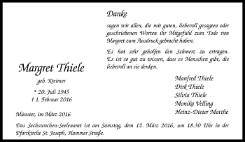 Anzeige von Margret Thiele von Westfälische Nachrichten