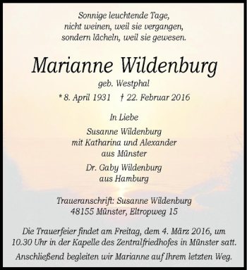 Anzeige von Marianne Wildenburg von Westfälische Nachrichten